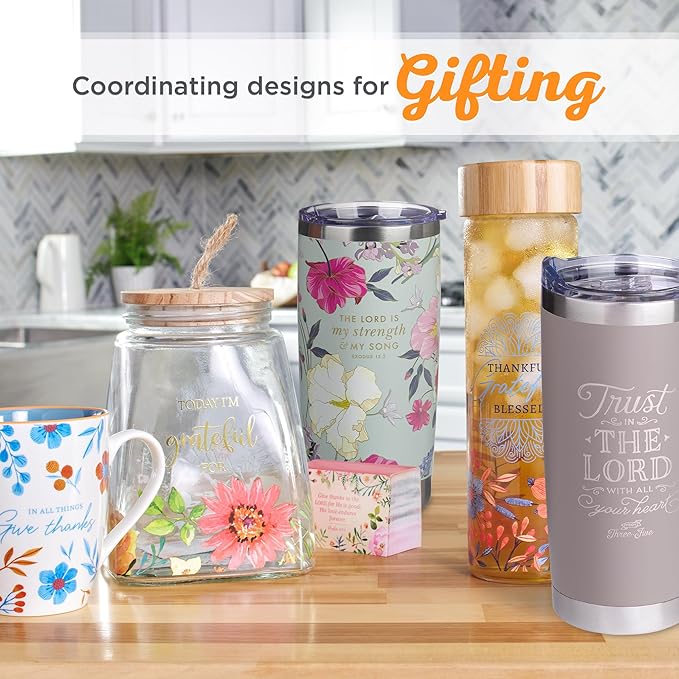 Christian Art Gifts Large Stainless Steel Scripture Travel Mug Tumbler for Women: Lord is My Strength Inspirational Bible Verse, Double Wall Vacuum Insulated w/Lid, Mint Green Multicolor Floral, 18oz.