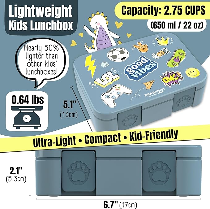 BEARFOOT Kids Lunch Box with Compartments – Compact & Lightweight | Leak-Proof, BPA-Free, Dishwasher & Microwave Safe | Hand-Drawn Design for Preschool, School, Travel (Sticker Blue, 2.75 Cups)