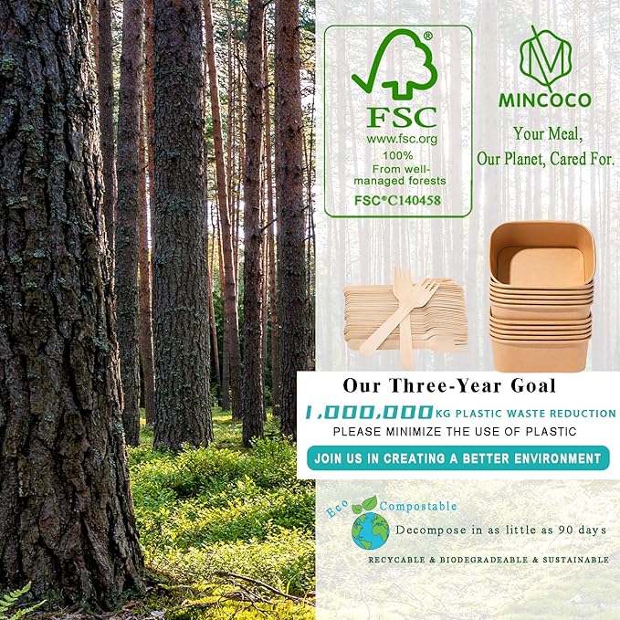 MINCOCO 50 Count Paper Bowls Disposable Meal Prep Containers with Lids【Includes 50 Wooden Forks + 100 Labels】 Salad Food Containers Freezer & Microwave Safe Leakproof Soup Bowls (19 Ounce, 50-Count)
