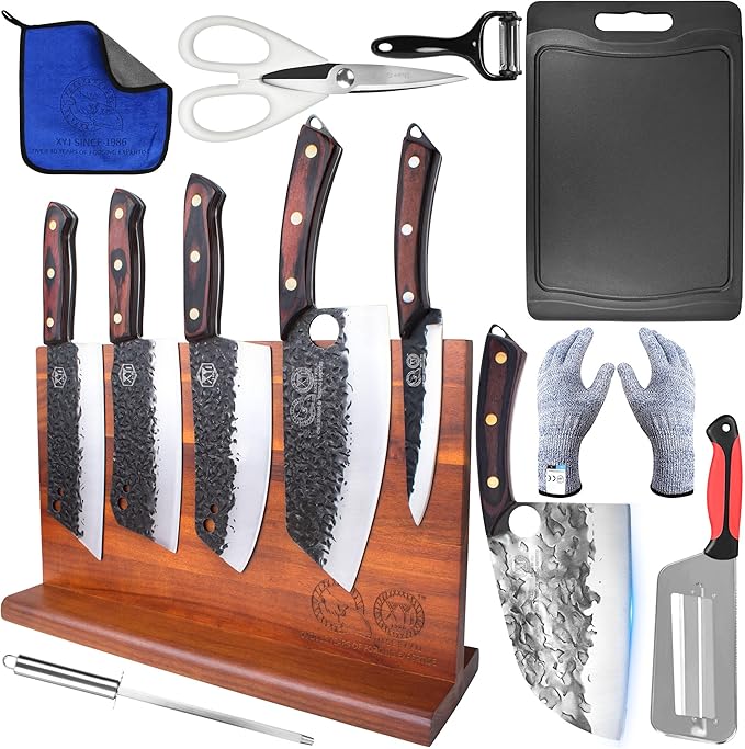 XYJ Authentic Since 1986,Knife Block Set,High Carbon Steel Blades,Full Tang Knives Set with Magentic Knife Block, Honing Steel,Scissors,Cut Resistant Gloves,Utility Vegetable Kitchen Knives