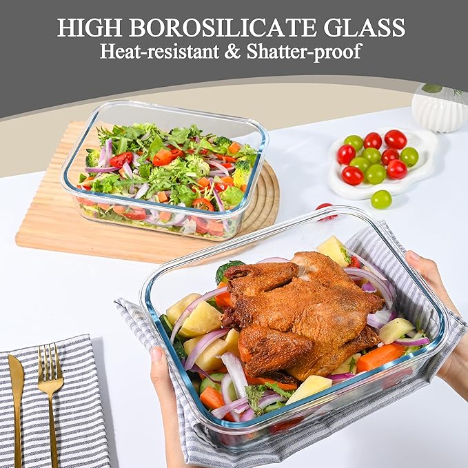 GEHE 9.8 Cup / 78 Oz Large Glass Food Storage Containers with Lids, 2 Pack Glass Meal Prep Containers Set with Airtight Locking Lids - Storing Food, Baking, Leakproof, Freezer, Microwave & Oven Safe