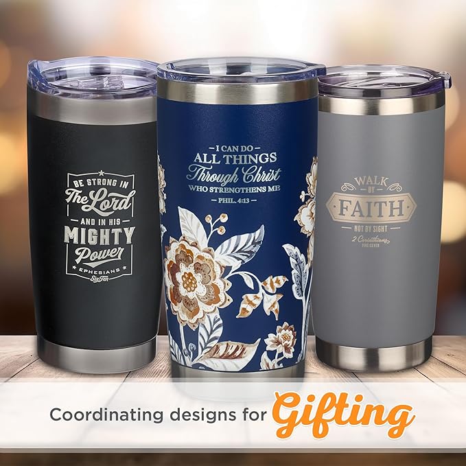 Christian Art Gifts Stainless Steel Scripture Tumbler Travel Mug for Women: All Things Through Christ Inspirational Bible Verse, Double-wall Vacuum Insulated w/Lid Hot/Cold, Navy Blue Floral, 18oz.