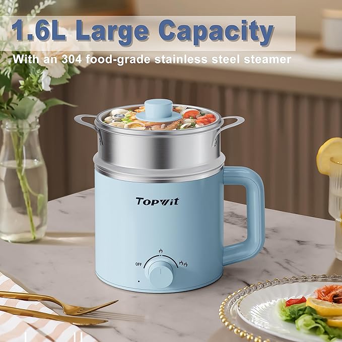 Topwit Hot Pot Electric with Steamer, 1.6L Ramen Cooker, Electric Pot for Pasta, Shabu-Shabu, Oatmeal, Soup and Egg, Portable Cooker with Dual Power Control, Dorm Room Essentials, Blue