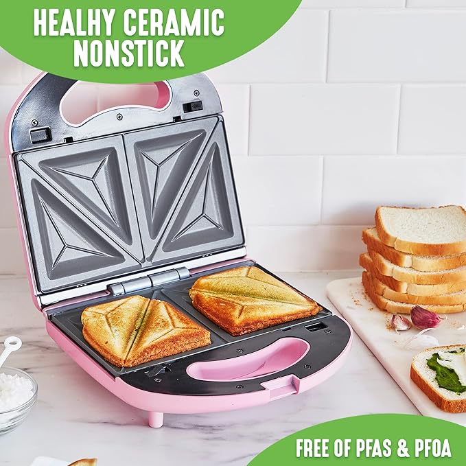 GreenLife Electric Waffle Sandwich Maker, Toaster, Panini Press with Healthy Ceramic Nonstick Plates, Perfect for Tuna Melts, Crispy Rice, Grilled Cheese, LED Indicator Light, PFAS-Free, Pink