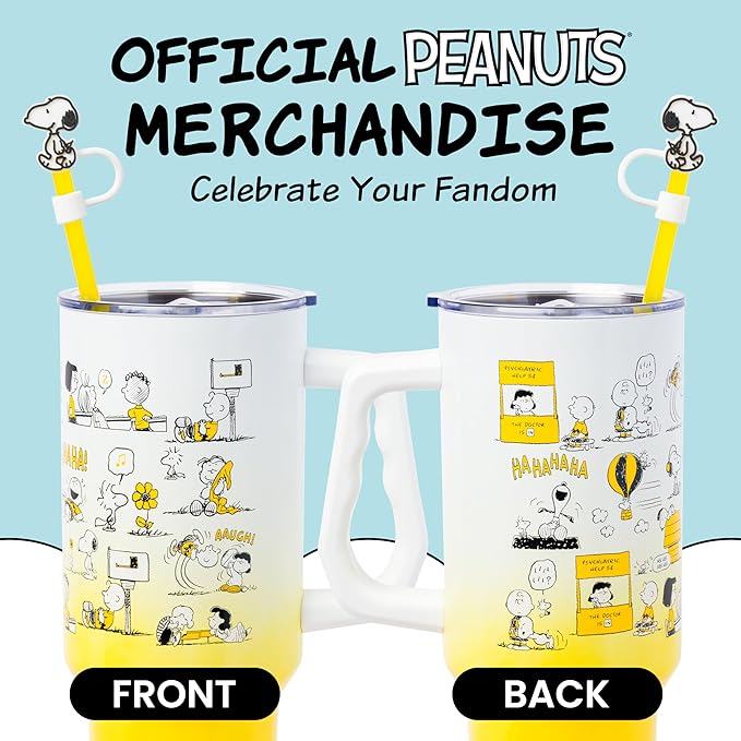 Silver Buffalo Peanuts Iconic Scenes Featuring Charlie Brown, Snoopy, Woodstock, Lucy, Sally, Linus & More Stainless Steel Tumbler w Handle, Straw, & Straw Cap, Fits in Standard Cup Holder, 40 Ounces