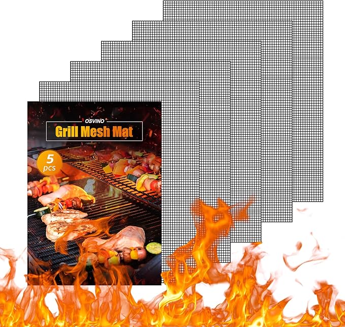OSVINO Black Grill Mesh Mat 5 Pack Reusable Non-Stick BBQ Grill Mats 16"x12" Outdoor Barbecue Baking Accessories Works on Gas Charcoal Electric Grill for Grilling Meat, Fish, Steak, Vegetables
