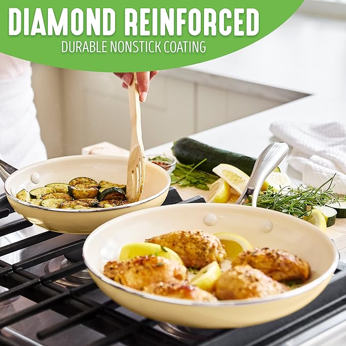 GreenLife Artisan Healthy Ceramic Nonstick, 8" and 10" Frying Pan Skillet Set, Stainless Steel Handle, PFAS-Free, Dishwasher Safe, Oven Safe, Yellow