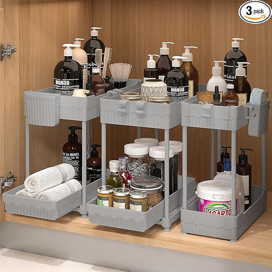 3 Pack Under Sink Organizers, 2-Tier Multi-Use Kitchen and Bathroom Organizers and Storage with Sliding Drawers，Bathroom Cabinet Organizer (Gray, 14.8 Inch)