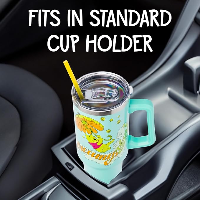 Silver Buffalo Disney Winnie the Pooh “Dreamy Days” Retro Art Stainless Steel Tumbler with Handle and Straw, Fits in Standard Cup Holder, 40 Ounces