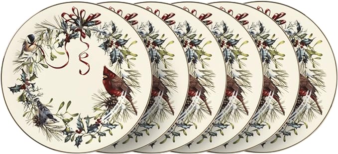 Lenox 835219 Winter Greetings 6-Piece Dinner Plate Set, 10.75', Christmas Drinkware, Holiday Hosting