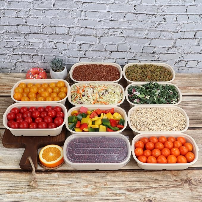 23 oz Disposable salad bowls with lids, Sugarcane Fiber Paper Bowls take away food containers meal prep food storage deli container 50 Pack