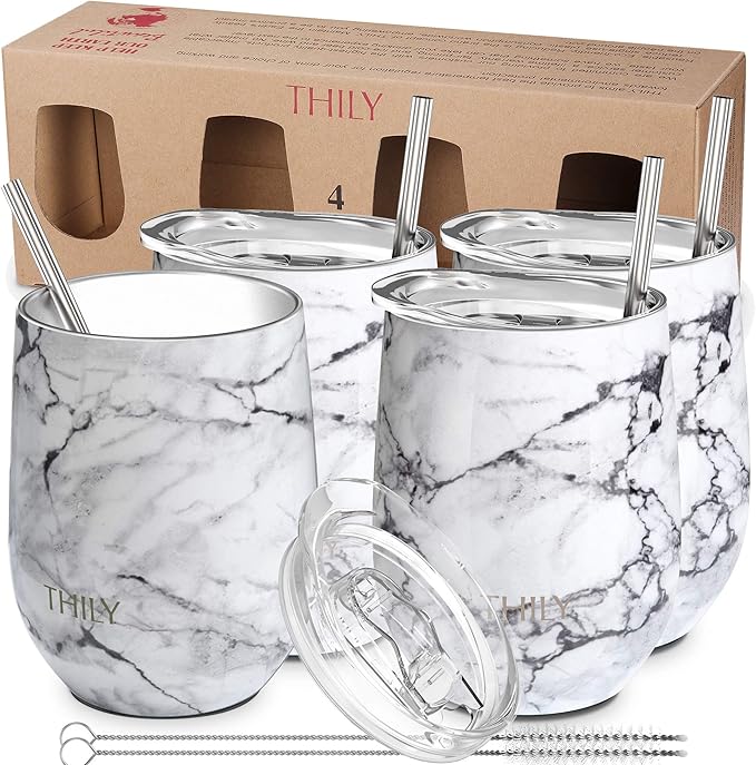 THILY Stainless Steel Stemless Wine Tumbler 4 Pack Vacuum Insulated Travel Wine Glasses Set with Sliding Lids and Straws, Keep Cold for Juice, Cocktails, Beer, Party, Christmas Gift, White Marble