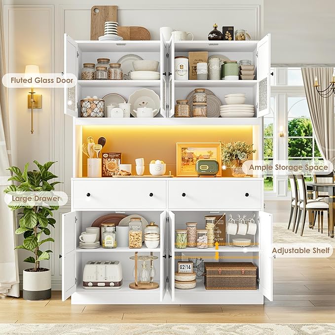 FINETONES 71" Pantry Cabinet with LED Light and Charging Station, Farmhouse Kitchen Pantry Cabinet with Microwave Stand, 47.2" Wide Kitchen Hutch Food Pantry with Open Countertop, White