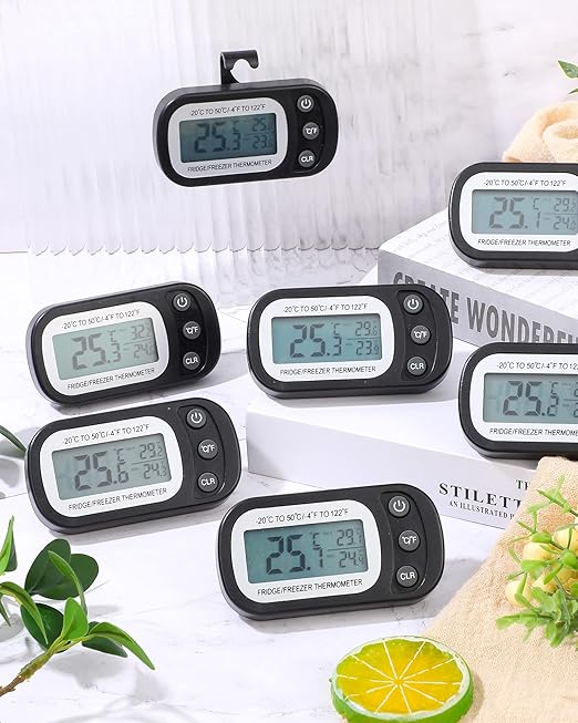 Frienda 12 Pack Black Digital Fridge Thermometer Waterproof Refrigerator and Freezer Room Max/min Record Function LCD Screen Refrigerator Thermometer with Hook and Magnetic Back for Home