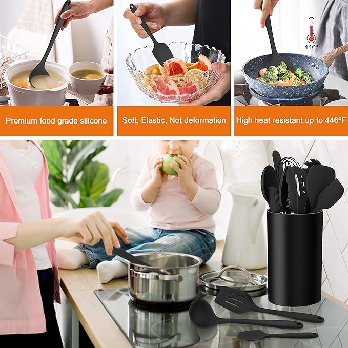 LIANYU 14 Pcs Cooking Utensils Set with Holder, Heat Resistant Silicone Kitchen Cookware Utensils Set, Kitchen Cooking Tools Includes Spatula Spoon Turner Whisk Tong, Dishwasher safe, Black