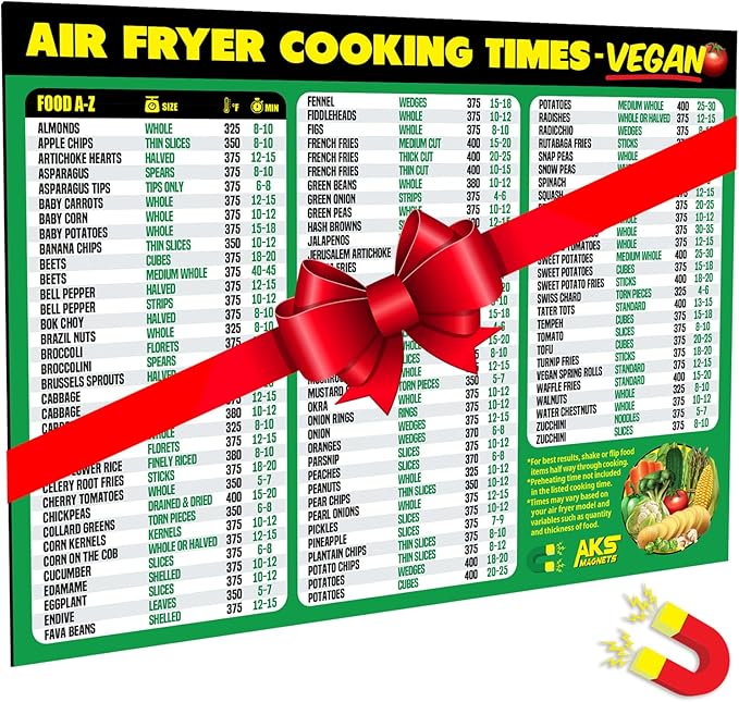 Air Fryer Cheat Sheet Magnet, Vegan Edition - Air Fryer Cooking Times Chart for 100 Vegan Food Items - Magnetic Airfry Guide for Vegetarian Cookbooks and Recipes - Plant Based Diet Airfryer Accessory