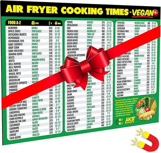 Air Fryer Cheat Sheet Magnet, Vegan Edition - Air Fryer Cooking Times Chart for 100 Vegan Food Items - Magnetic Airfry Guide for Vegetarian Cookbooks and Recipes - Plant Based Diet Airfryer Accessory
