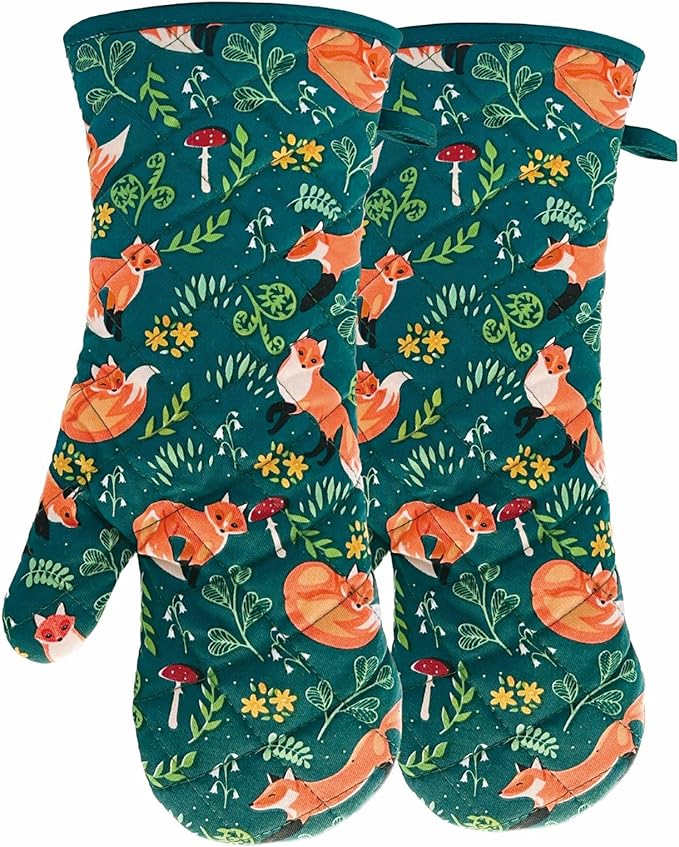 Oven Mitts Cotton Fashion Cute Fox Design 1 pair Heat Resistant Oven Gloves Safe Cooking Baking Grilling Barbecue Machine Washable (fox, oven mitts)