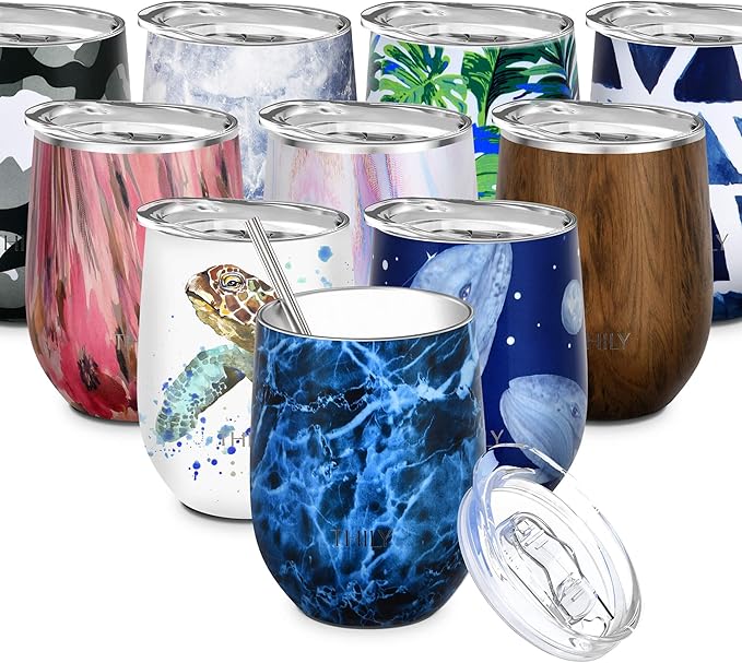 THILY Wine Tumbler Stainless Steel Insulated 12 oz Stemless Wine Glass with Slide Lid and Metal Straw, Travel Cup Keep Cold for Coffee, Cocktails, Abysmal Sea