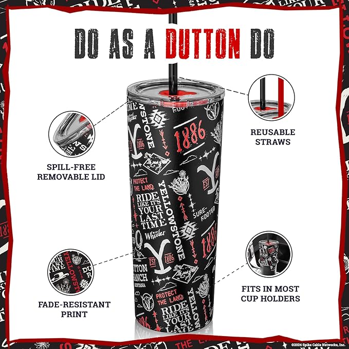 Dragon Glassware x Yellowstone Vacuum Insulated Tumbler with Lid and Straw - 24 oz Tumbler Cup with 2 Straws - Stainless Steel Tumbler with Straw for Water, Iced Tea - 1886