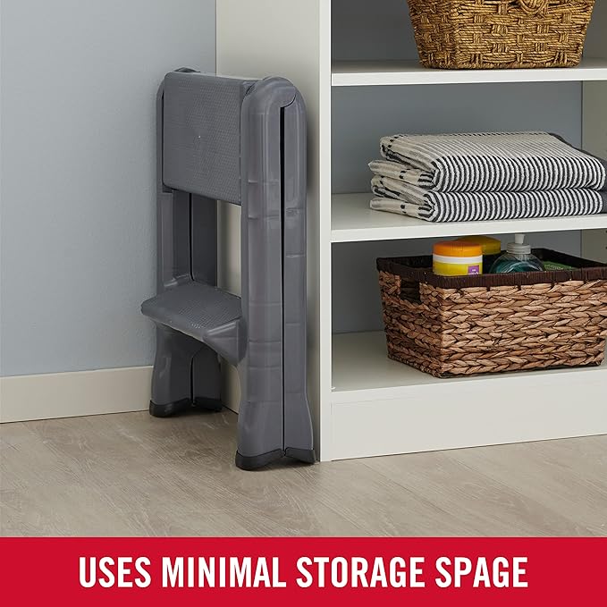 Rubbermaid Two-Step Folding Foot Stool 14-Inch High Gray 300-Pound Capacity Small Step Stool for Adults/Kids for Use in Library/Kitchen/Bathroom/Garage/Closet