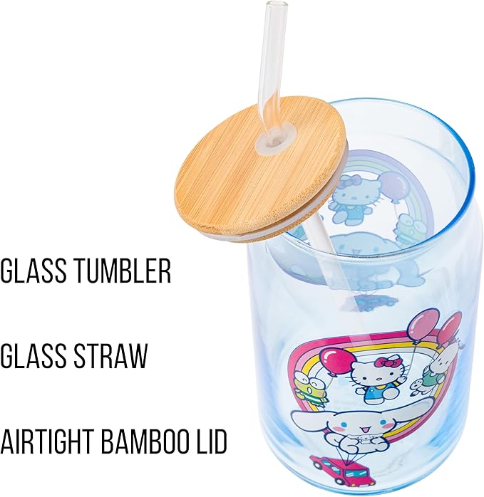 Silver Buffalo Sanrio Hello Kitty & Friends Floating Car Balloons Featuring Cinnamoroll, Pochacco, and Keroppi Glass Jar Tumbler with Bamboo Lid and Glass Straw, 16 Ounces (Pack of 12)