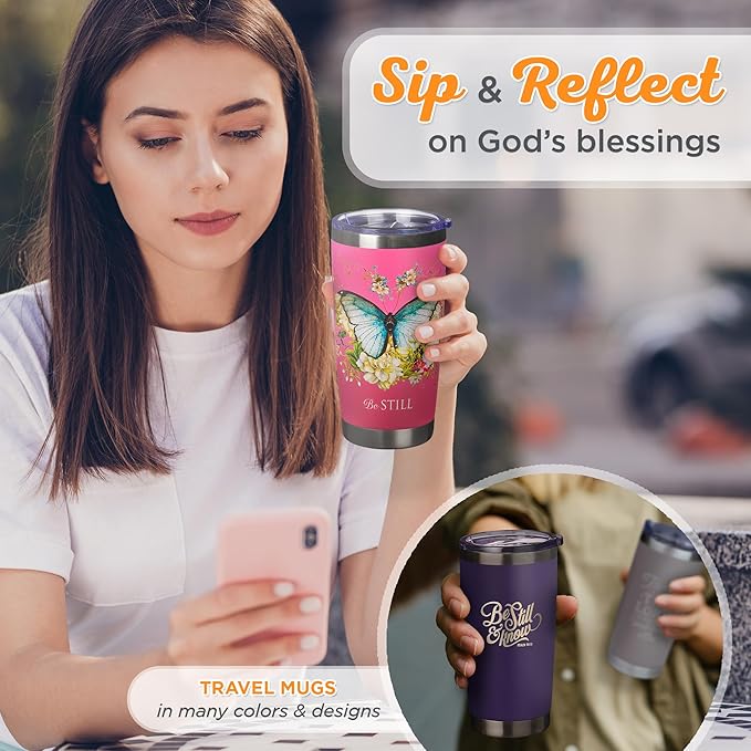 Christian Art Gifts Stainless Steel Double Wall Vacuum Insulated Travel Mug 18 oz Butterfly Pink BPA-free Tumbler with Retractable Lid Inspirational Scripture for Women - Be Still -Psalm 46:10