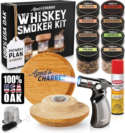 Whiskey Smoker Kit with Torch and Butane - 8 Flavors Wood Chips, 100% USA Oak Smoker, High-End Set - Cocktail Smoker Kit for Drinks - Old Fashioned Bourbon Smoker Gift Set for Men