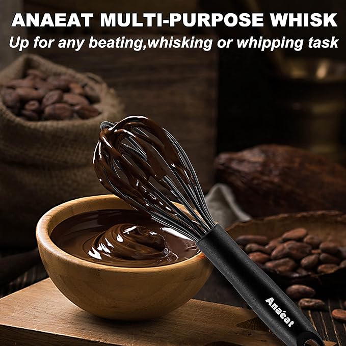 Anaeat 9" Silicone Balloon Whisk, Perfect for Non-Stick Cookware, Milk and Egg Beater Blender, Heat Resistant Kitchen Whisks for Whisking, Cooking, Baking, Beating, Frothing & Stirring (Black)