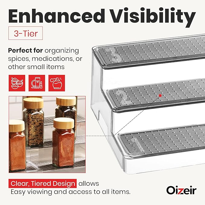 Expandable Spice Organizer Rack (2-PACK) - 3-Tier - Clear Adjustable Tiered Shelf Spices Organization for Kitchen Cabinet and Pantry Storage