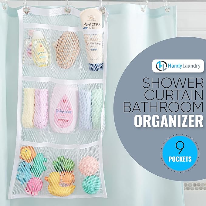 Handy Laundry Hanging Shower Organizer (2-Pack) - 9-Pocket - Mesh Caddy with Deep Storage Pockets for Organizing Bathroom Toiletries and Kids Bath Toys - Hang on Existing Shower Curtain Rings