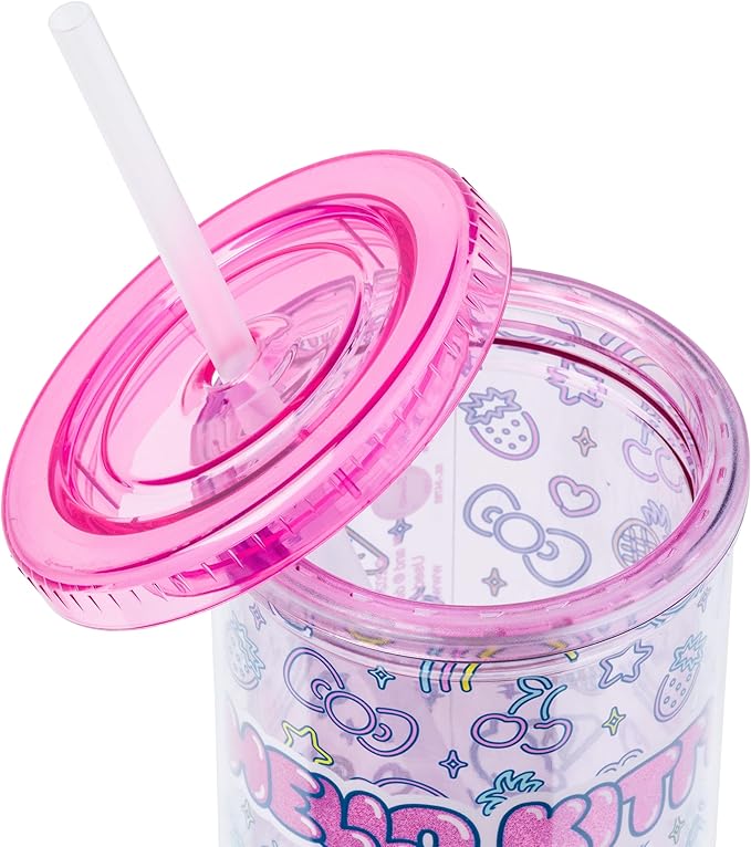 Silver Buffalo Sanrio Hello Kitty Neon Fruit Pattern Plastic Cold Cup with Lid and Straw, 20 Ounces