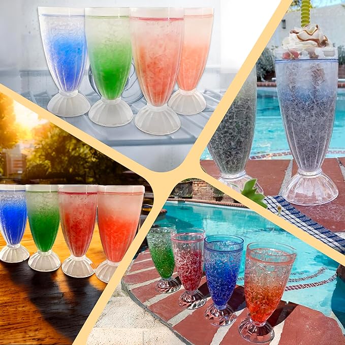 Lily's Home 12oz set of 4Insulated Double Wall Gel-Filled Acrylic Plastic Frosted Freezer Milkshake Glasses. Ideal for Root Beer Float, Smoothies and Ice Cream Soda