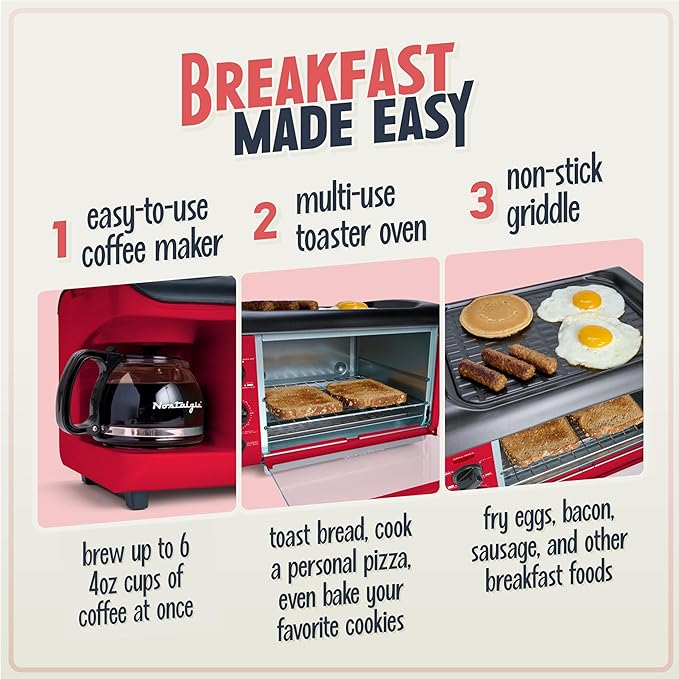 Nostalgia 3-in-1 Breakfast Station - Includes Coffee Maker, Non-Stick Griddle, and 4-Slice Toaster Oven - Versatile Breakfast Maker with Timer - Red