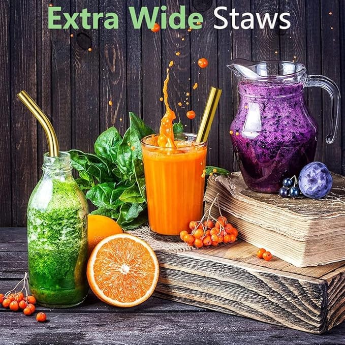 Vinaco 8.5" and 10.5" Big Smoothie Straws & Milkshake Straws, 6 Pack Food-grade Stainless Steel Straws 0.4" Wide Mouth Straw for Smoothie, Milkshakes, Thick Drinks, Gold Metal Straws Reusable