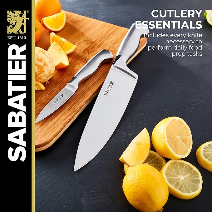 Sabatier 15-Piece Forged Stainless Steel Knife Block Set, High-Carbon Stainless Steel Kitchen Knives, Razor-Sharp Knife set with Acacia Wood Block, Stainless Steel Handles