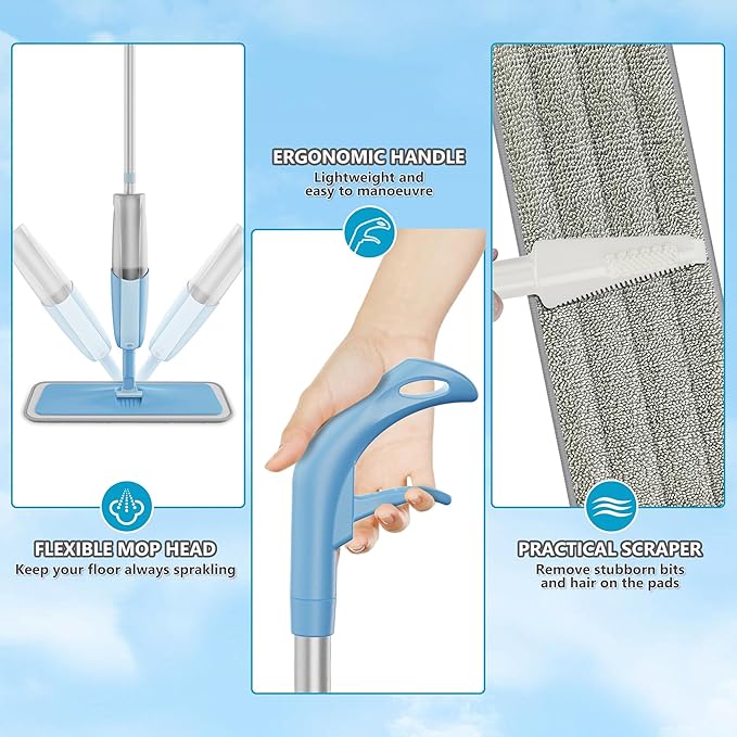 Spray Mops for Hardwood Floor Cleaning: MEXERRIS Wet Dust Dry Mop with 3 Washable Mopping Pads - Flat Floor Mop with Sprayer Home Commercial Use for Wood Laminate Ceramic Tiles Vinyl