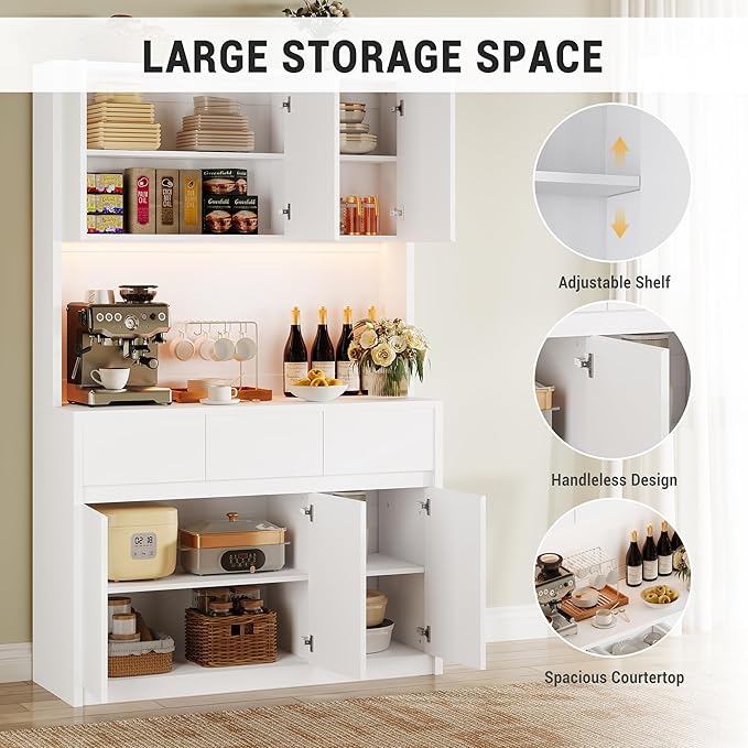 Garvee Kitchen Pantry Cabinet,71 in Tall Storage Cabinet with Doors&Shelves Adjustable, Kitchen Storage Hutch with Microwave Shelf, Led Lights&Charging Station,Corner Pantry Cabinet