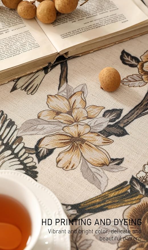 ISAENNE Designer Vintage Linen Extra Long Tablecloth Rectangle,Floral and Bird Pattern Elegant Table Cloth,Fall Wrinkle Resistant Decor Tablecloths for Dining Kitchen Christmas,63"*110"-Murad A