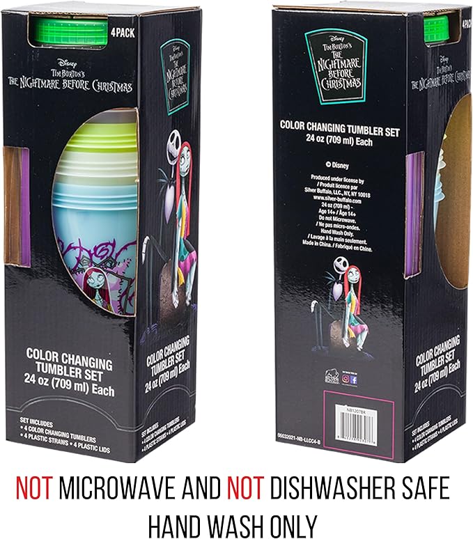Silver Buffalo Disney Nightmare Before Christmas Character Grid 4 Pack Color Change Plastic Tumbler, 24 Ounces