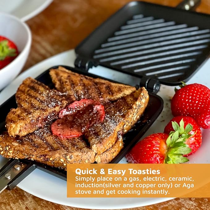 Jean-Patrique Stovetop Panini Grill Press Sandwich Maker, Black – Ceramic Nonstick Grilled Cheese Maker with Handles - Indoor & Outdoor Double-sided Sandwich Toaster