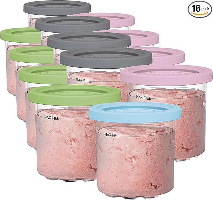 Ninja Creami Pints, Compatible with NC299AMZ & NC300s Series Creami Ice Cream Makers, Genuine Pint, BPA-Free & Dishwasher Safe, Color Lids, Clear/Grey/Lime/Pink/Aqua, XSKPLD4BCD (Pack of 16)