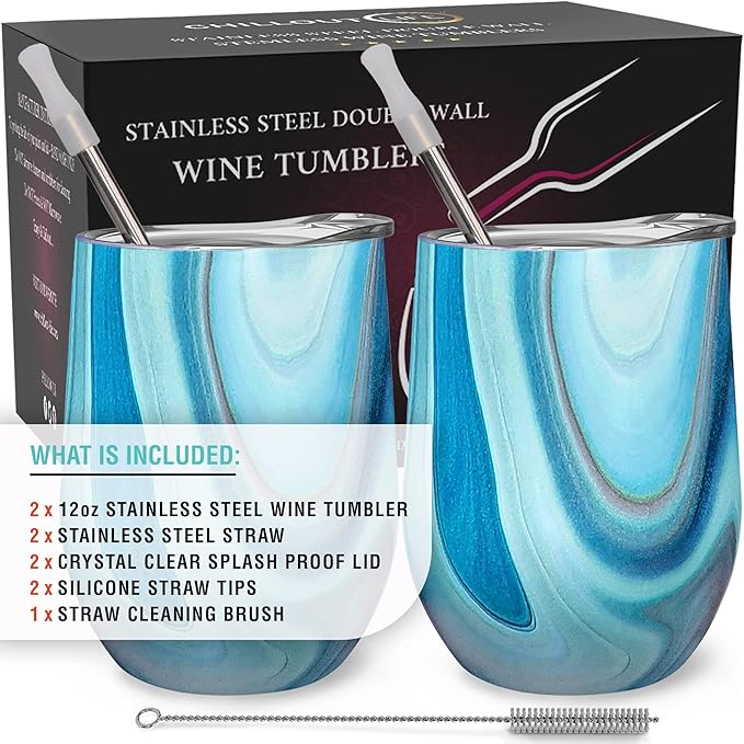 CHILLOUT LIFE 12 oz Stainless Steel Wine Tumblers 2 Pack - Double Wall Vacuum Insulated Wine Glasses Cups with Lids and Straws Set Keeping Cold & Hot for Coffee, Beer, Ice Cream - Ocean Marble Pattern
