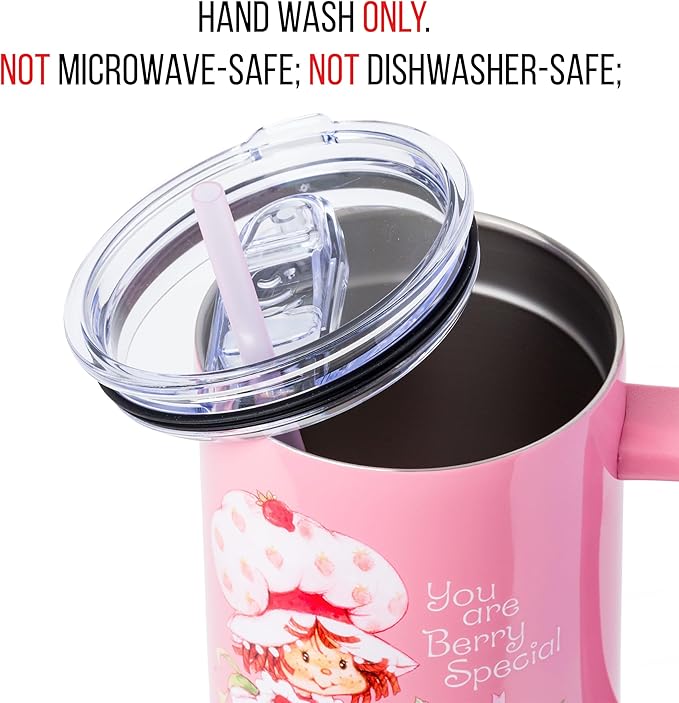 Silver Buffalo Strawberry Shortcake You Are Berry Special Vintage Berry Pink Stainless Steel Tumbler with Handle and Straw, Fits in Standard Cup Holder, 40 Ounces