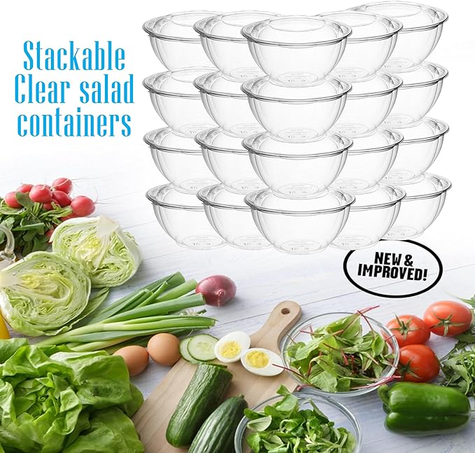 Mr Miracle Clear 48 Ounce Plastic Salad Bowls with Snap-On Lids. Pack 50. Airtight Disposable Salad Containers for Lunch, Meal Prep, Parties. Ideal as Disposable Salad Bowls with Lids