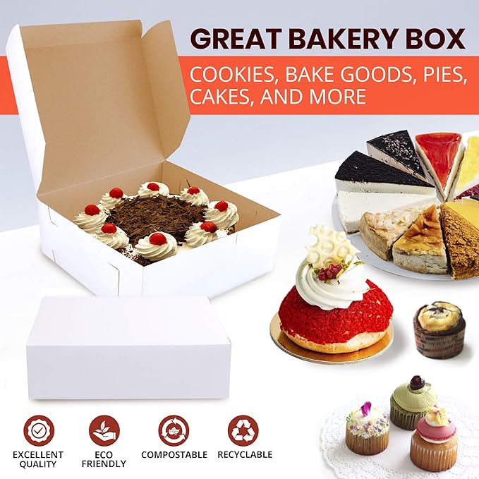 Fit Meal Prep [25 Pack] Pastry Boxes 8x8x3 White Bakery Box for Cookies, Compostable Kraft Paper Cardboard for Baked Goods Packaging, Cake, Food, Donut, Cupcake, Candy, Bread, Bridesmaid Gift Box