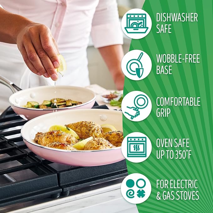 GreenLife Artisan Healthy Ceramic Nonstick, 8" and 10" Frying Pan Skillet Set, Stainless Steel Handle, PFAS-Free, Dishwasher Safe, Oven Safe, Soft Pink