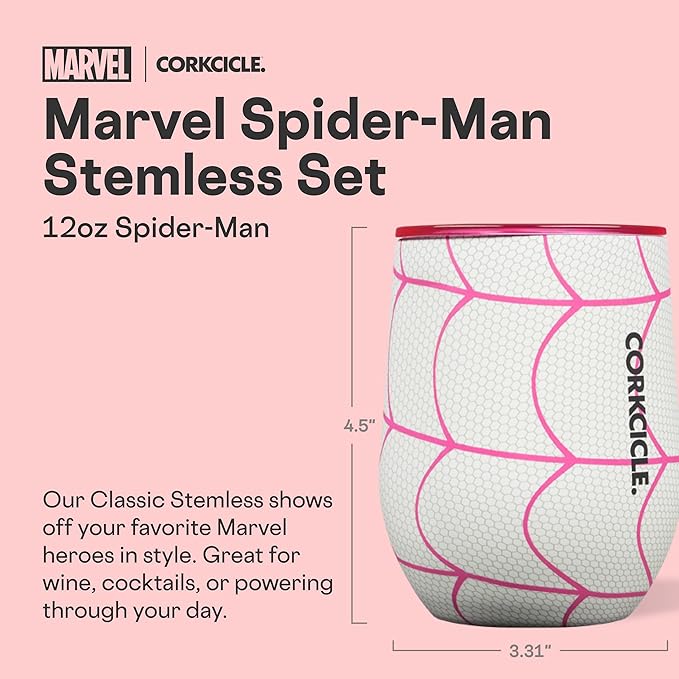 Corkcicle Stemless Insulated Wine Glass Tumbler - Keeps Beverages Cold 6 Hours & Hot 3 Hours - Stainless Steel - Easy-Grip - Summer Drinkware Gift - Keeps Drinks Ice Cold - 12 oz - Spider-Man
