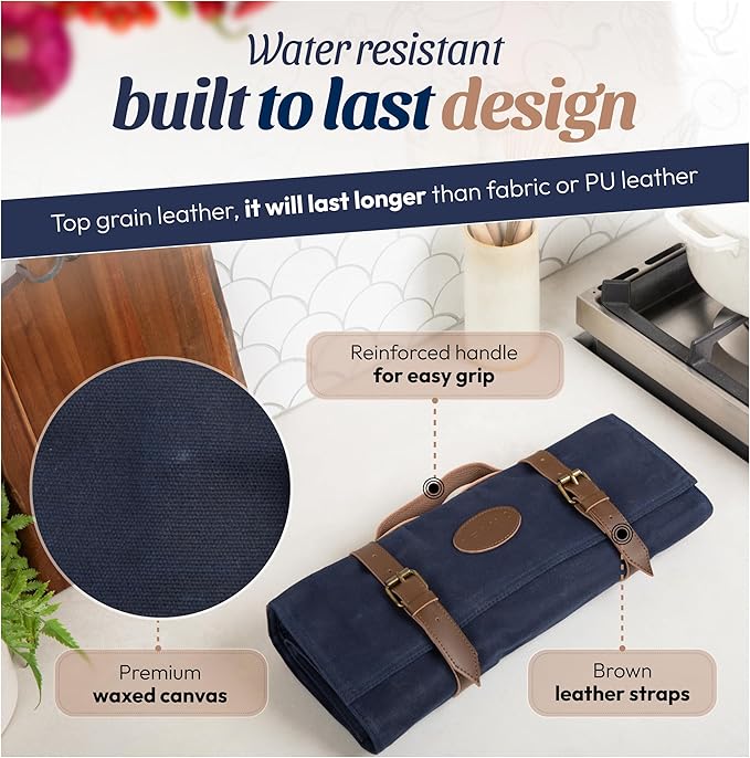 Chef’s Knife Roll Bag with 100% Top Grain Leather Knife Roll Bag with Waxed Canvas & Zippered Cover | Adjustable Strap with 9 knives Slots, Extra Storage & Pocket | US Brand