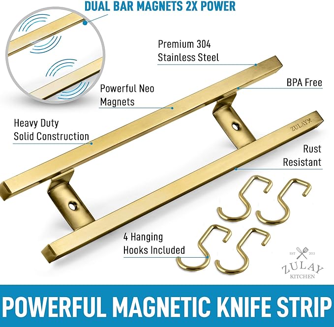 Zulay (12 Inch) Stainless Steel Magnetic Knife Holder For Wall - Powerful Knife Magnetic Strip With Extra Hanging Hooks - Wall Mount Magnetic Knife Strip & Organizer For Kitchen & Tools (Gold)